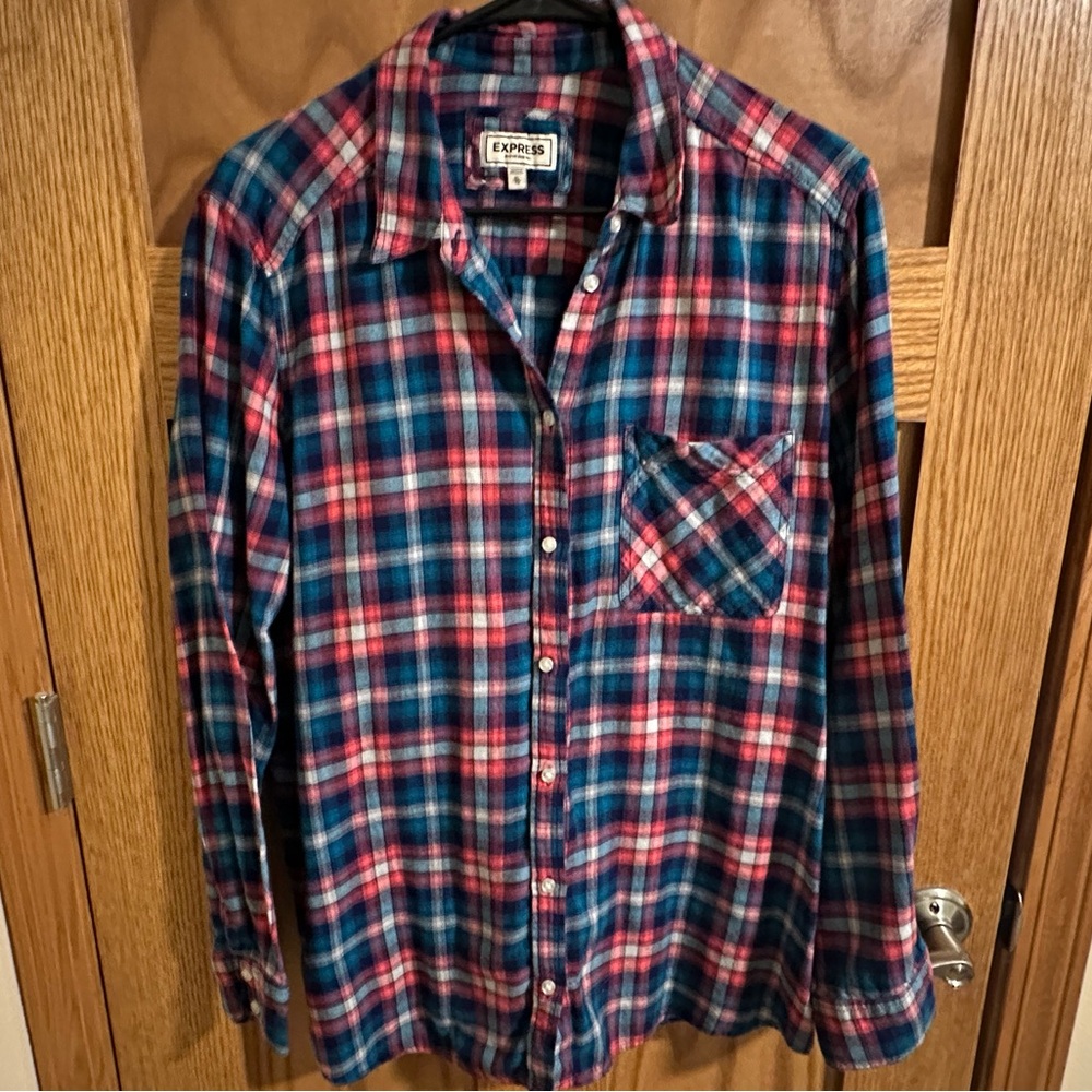 Express Pink and Blue Flannel Shirt